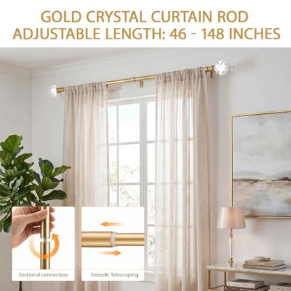46-148" Gold Curtain Rods for window, 1" with Crystal Diamond Ball Finials