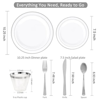 WELLIFE 350-Piece Silver Plastic Dinnerware Set - Disposable 10.25" Dinner Plates, 7.5" Dessert Plates, 9oz Silver Rim Cups & Cutlery for Weddings - 50 Guest Service - Elegant Disposable Silverware - color: Silver, style: 350PCS（50 Guests）