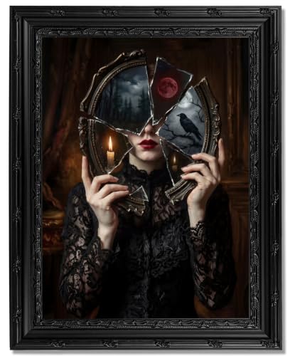 Gothic Broken Mirror Witch Framed Wall Art, Vintage Dark Aesthetic Raven Blood Moon Canvas Print with Ornate Black Carved Frame, Witchy Dark Academia Wall Decor for Bedroom Living Room Halloween - color: Broken Mirror, size: 16"L x 12"W