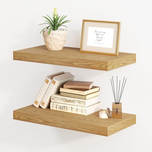 Fun Memories Floating Shelves for Wall, 8 Inch Deep Floating Wall Shelf, 16" x 8" Floating Shelves - Set of 2, Rustic Wooden Storage Shelves for Bathroom, Living Room, Kitchen - color: Oak, size: 16"W x 8"D