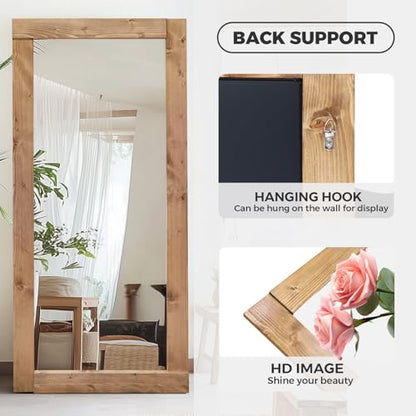 71x32in Full Length Mirror, Solid Wood Convex Frame, Light Brown - color: Light Brown-convex Frame, size: 71"L x 32"W