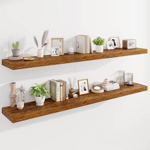 Marsmiles 72" Floating Shelves for Wall, Wooden Shelves with Invisible Brackets Set of 2, Rustic Farmhouse Wall Mounted Shelf for Kitchen Bathroom Living Room Study, Rustic Brown - color: Rustic Brown, size: 72"