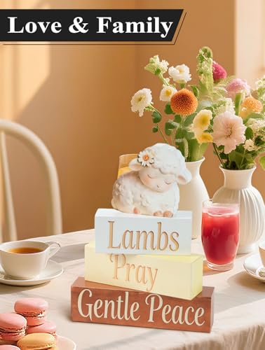 Easter Lamb Decor,Lambs Pray Gentle Peace Wooden Sign | Sleeping Sheep Farmhouse Decor | Christian Rustic Tabletop Shelf Decor for Home Living Room Bedroom - size: Lamb