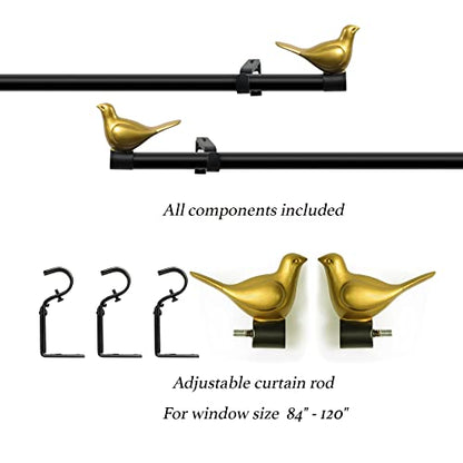 3/4" Diameter Farmhouse Single Window Treatment Curtain Rod, Gold Bird Finials (84"-120", Black Rod) - color: Black with Gold Finial, size: 84"-120"