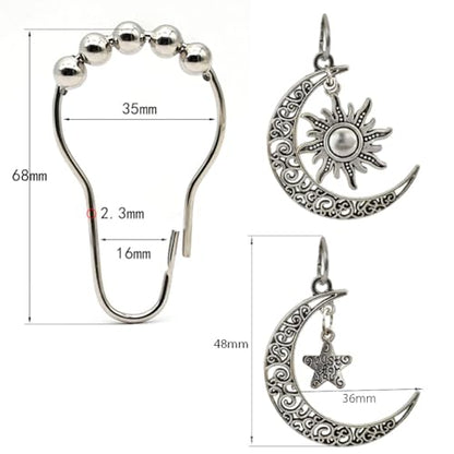 Decorative Sun Moon Celestial Shower Curtain Hooks Rings Set of 12, Silver - color: Silver