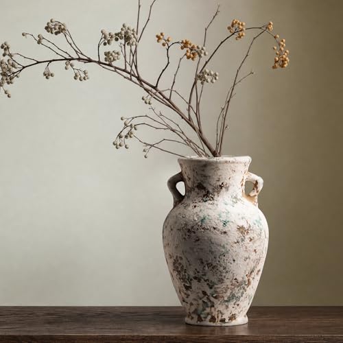 Sylve Ceramic Flower Vase Home Decor with Handles, 9.84 Inch Rustic Tall Vase, Handmade Textured Distressed Wabi Sabi Farmhouse Vintage Decor for Table Centerpiece Living Room