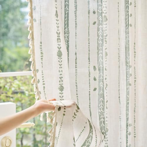 Green Boho Curtains for Living Room with Tassel 63 Inch 2 Panels - color: T-green, size: 52"W x 63"L (Pack of 2)