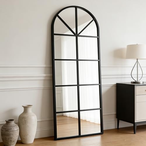 56×22" Arched Window Finished Full Length Mirror, Wall Mirror with Metal Frame, Home Decor Windowpane Mirror, Wall Mounted or Leaning, No Stand - Black - color: Window Mirror-black, size: 56"L x 22"W
