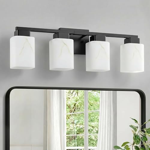 4-Light Square Bathroom Light Fixture, Black Modern Vanity Light with White Marble Glass Shade, for Bathroom Mirror, Living Room, Bedroom, Hallway, E26 Base - color: Matte Black, size: 4-Light