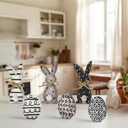 Smile Wooden Easter Block Decor Set - 6-Piece Rustic Bunny & Egg Design Tabletop Blocks, Farmhouse Style Shelf Accents for Spring Holiday Home Decoration