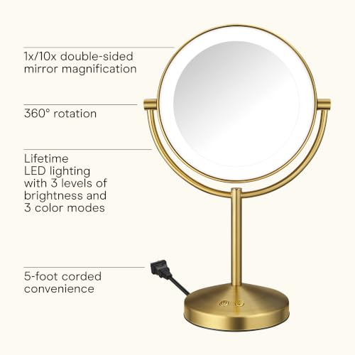 Conair LED Vanity Mirror, Double-Sided, 10x Maginification, Brushed Brass - color: Brushed Brass, size: 16"L x 10.3"W