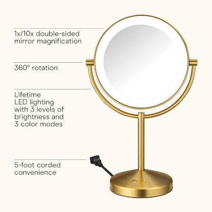 Conair LED Vanity Mirror, Double-Sided, 10x Maginification, Brushed Brass - color: Brushed Brass, size: 16"L x 10.3"W