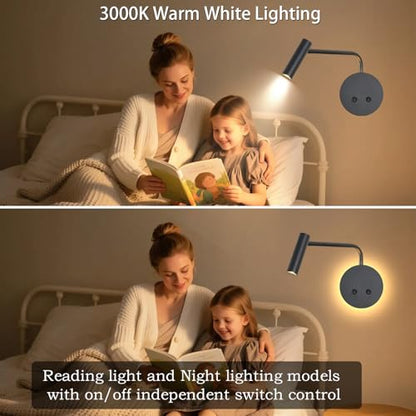 Matte Black Wall Mounted Reading Light, 3000K Flexible Headboard Reading Sconces with On Off Switch Control, Plug in/Hardwired Wall Light Fixtures with Night Light for Bedside Bedroom Bunk - color: Black-1Pack