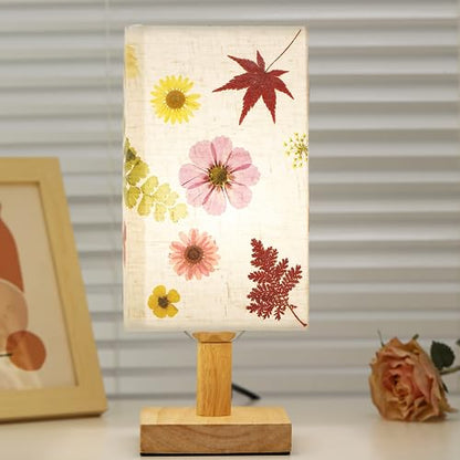 Dried Flowers Table Lamp 5W LED 3Color Temperatures Pressed Flower Bedside Lamp Square Linen Shade with Wood Base for Bedroom Living Room - color: Square-3-Color