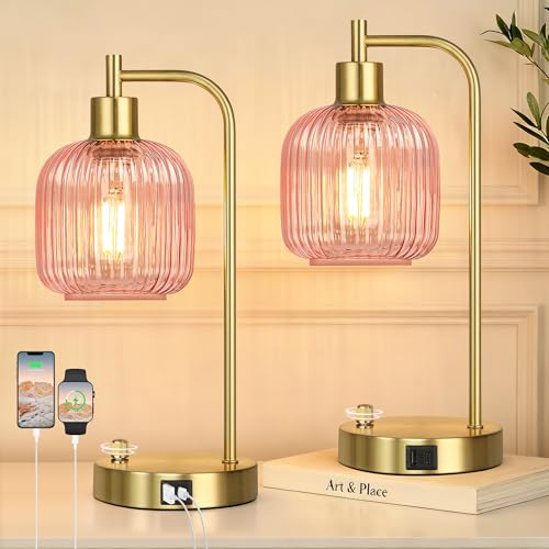Pink Glass Table Lamps Set of 2, Dimmable Bedside Lamps for Living Room - color: Gold&Pink