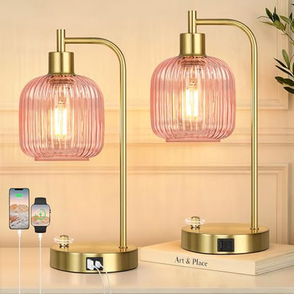 Pink Glass Table Lamps Set of 2, Dimmable Bedside Lamps for Living Room - color: Gold&Pink