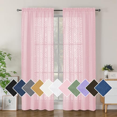 Simplebrand Blush Sheer Curtains 72 Inch Length 2 Panels for Living Room, Light Filtering Geometric Jacquard Clip Textured Rod Pocket Semi Sheer Curtains for Front Back Patio Glass Door，42x72 inch - color: Blush, size: 42"W x 72"L (Pack of 2)