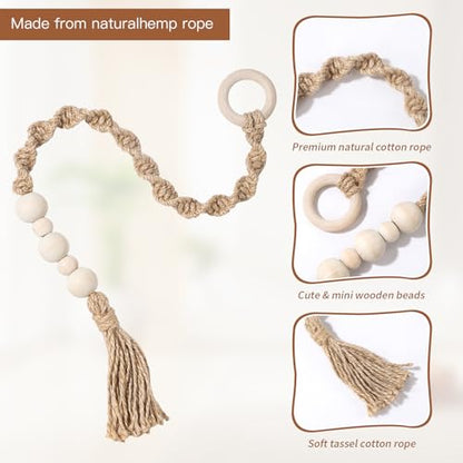 Macrame Curtain Tiebacks with Wooden Beads, Jute Rope Boho Holdbacks with Tassels, Natural Beige, 2-Pcs