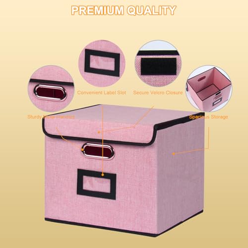 Large Square Storage Bin with Lid, Foldable Organizer Box with Handles & Label Design, for Office, Closet, Home, Documents, Pink, 12.20 x 10.63 x 10.63 Inches, 4 Pack - color: Pink, style: Square - 4 Packs