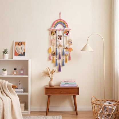 Rainbow Macrame Wall Decor Hanging Photo Display with Light Tassel