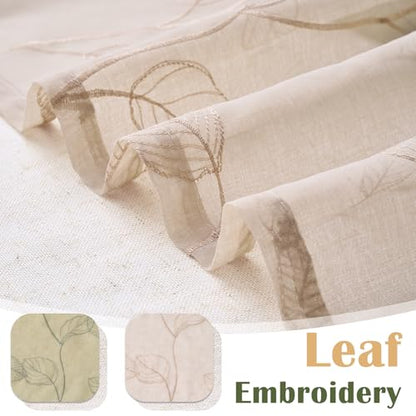 jinchan Linen Valance Curtain Beige Sheer Leaf Embroidered 18 Inch 1 Panel - color: Leaf Beige