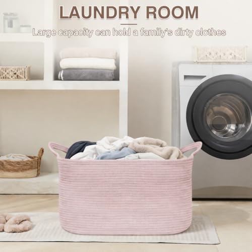YOUDENOVA Large Blanket Basket, Rectangle Cotton Rope Storage Basket, Pink - color: Light Pink