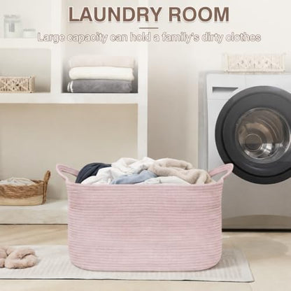 YOUDENOVA Large Blanket Basket, Rectangle Cotton Rope Storage Basket, Pink - color: Light Pink