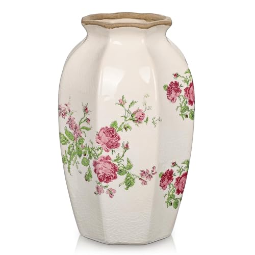 White Ceramic Vase, 9.2 Inch Vintage Flower Decor and Handcrafted Floral Centerpieces, Elegant Handmade Pottery Accent for Dining Table Living Room Wedding Housewarming Gift Decor - size: 9.2 inches