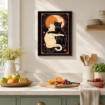 Black Framed Cat Wall Art, Celestial Pictures Wall Decor, 12x16 in - color: Gold-Cats