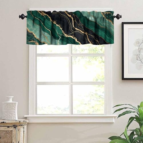 Green Black Marble Valance, Abstract Liquid Golden Lines Marble Blackout Short Thermal Insulated Rod Pocket Short Window Curtain for Cafe Bedroom Kitchen, 54x18inch - color: Marble-13