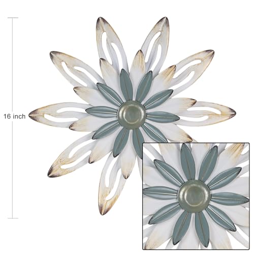 hogardeck Metal Flower Farmhouse Wall Decor, 16" Large Floral Metal Blue White Wall Art for Indoor Outdoor, Boho Wall Decor for Bathroom, Living Room, Kitchen, Bedroom, Porch, Garden, Yard - color: Blue White