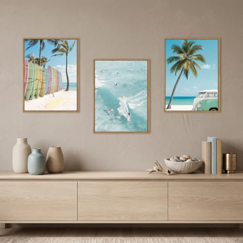 KAIRNE Blue Ocean Surfboard Seascape Framed Canvas Wall Art Set-12"x16"x3 - color: Summer Surfing Wall Art, size: 12"L x 16"W