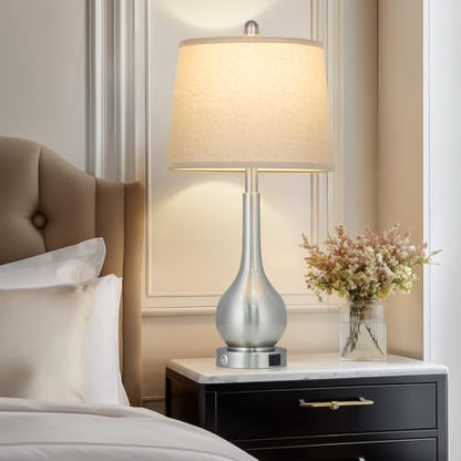 Rinweey 26" Silver Table Lamps Set of 2 for Living Room, Touch Control Bedside Lamp with USB Charging Ports, 3-Way Dimmable Brushed Nickel Bedroom Lamps for Nightstand (2 LED Bulbs Included) - color: Silver (2 Pack)