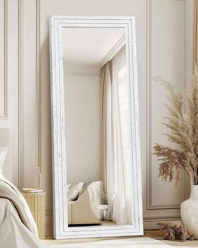 65x24in Full Length Mirror, 3-Tier Stepped Solid Wood Frame, White - color: White, size: 65"L x 24"W