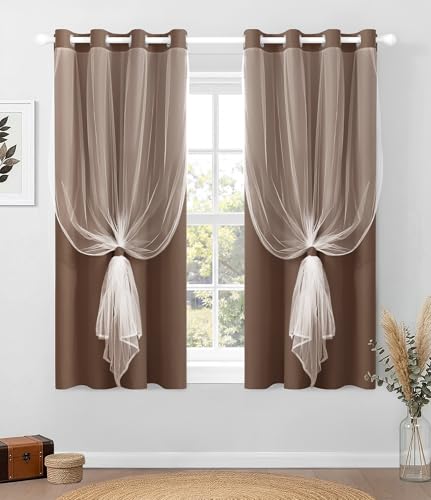 100% Blackout Curtains with Sheer Overlay, Brown, 52 x 63 inch, 2 Panels - color: Brown, size: 52"W x 63"L (Pack of 2)
