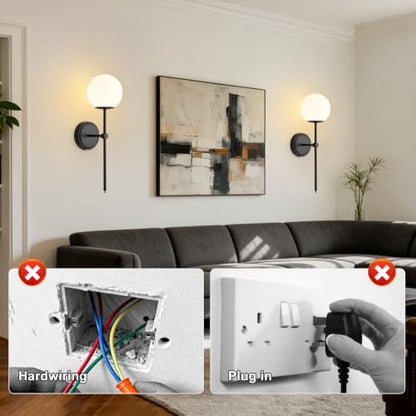 Globe Battery Operated Sconce Set of 2 with Clear Glass Lampshade - color: Black-Frosted White