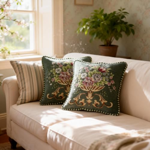 Set of 2 Vintage Floral Embroidered Throw Pillow Covers, Deep Green 18x18 Inch Cushion Cases with Striped Piping, Retro Decor for Sofa Living Room Bedroom - color: Green