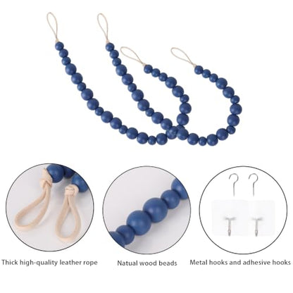 Boho Wood Bead Curtain Tiebacks Curtain Holdbacks with Hooks - color: Navy Blue