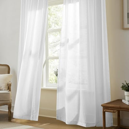 KangBang 60" Wide White Sheer Pleated Curtains 108 Inches Long 2 Panels - color: White, size: 60"W x 108"L (Pack of 2)