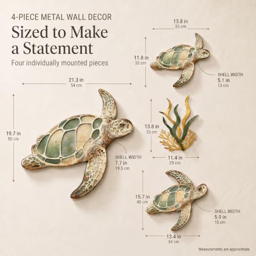 Tevqemi Large 3D Metal Sea Turtle Wall Art, 4-Piece Hand-Painted Wall Decor