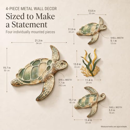 Tevqemi Large 3D Metal Sea Turtle Wall Art, 4-Piece Hand-Painted Wall Decor