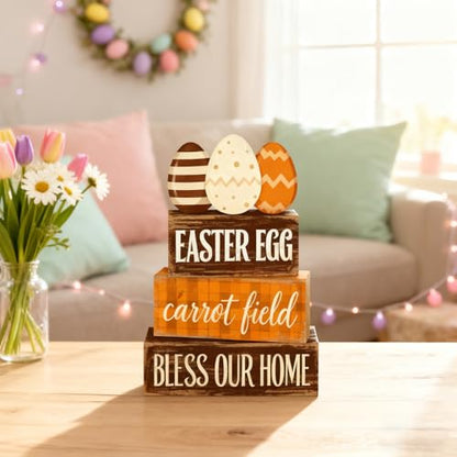 Easter Decorations - Easter Egg Carrot Field Tiered Tray Decor - Wooden Farmhouse Easter Tabletop Sign with Eggs & Carrot Theme - Rustic Spring Home Decor for Shelf Mantel Kitchen - Spring Home Decor for Living Room, Kitchen Counter - style: Egg