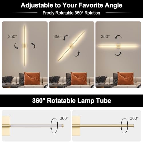 Battery Operated Wall Sconce Set of Two with Remote Control, 3000K-6000K Dimmable Gold Wall Lights, Timable LED Wireless Wall Sconces, 350° Ratate for Bathroom, Living Room, Hallway 39.4 Inch - color: Gold, size: 39.4in(2 Pack)