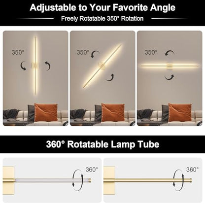 Battery Operated Wall Sconce Set of Two with Remote Control, 3000K-6000K Dimmable Gold Wall Lights, Timable LED Wireless Wall Sconces, 350° Ratate for Bathroom, Living Room, Hallway 39.4 Inch - color: Gold, size: 39.4in(2 Pack)