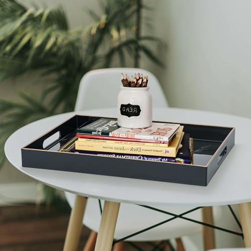 Serving Tray with Handles, Large Black Marble Plastic Tray, 15.7 x 11.8 x 1.6 Inch Rectangular Decor Coffee Table Tray with Storage for Bedroom, Living Room, Dining Room, Party & Patio Pool