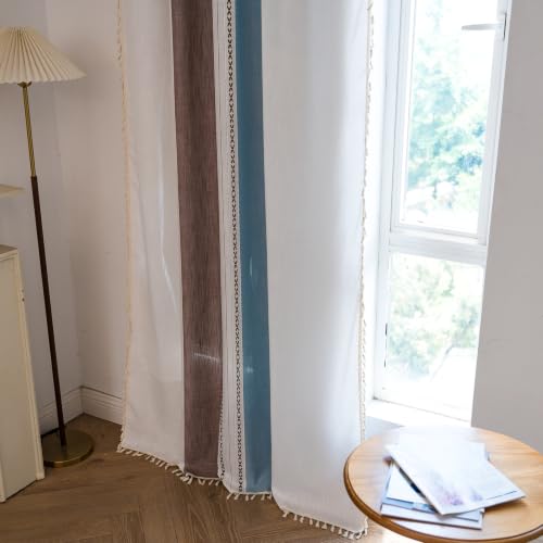 Deeprove Boho Linen Curtains 72 inch for Bedroom Living Room, Semi Blackout Southwest Fringe Window Treatment Bohemian Geometry Drape Rod Pocket 1 Panel 52" W x 72" L, Blue and Brown - color: Blue + Brown, size: 52"W x 72"L (Pack of 1)