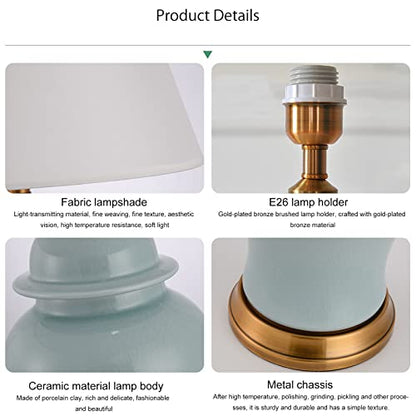 Blue Ceramic Table Lamp, Nordic Bedside Lamp Gold Metal Bracket Base with White Fabric Lampshadetable Lamps for Living Room Bedroom Study Hotel