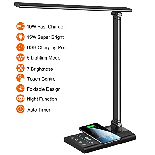 AFROG 5th Gen Multifunctional LED Desk Lamp with 10W Fast Wireless Charger, USB Charging Port,1800Lux Super Bright,5 Lighting Mode,7 Brightness, Touch Control, Auto Timer, 15W Office Table Lamp - color: Black 5.0 Pro