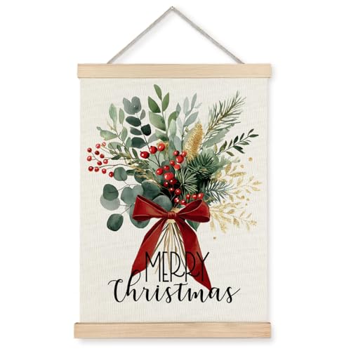 Exqcom Sage Green Christmas Eucalyptus Wall Decor, Christmas Red Bow Berries Bouquet Wall Art Poster, Winter Holiday Xmas Posters for Home Bathroom Kitchen Living Room, 12x16 Inches - color: Christmas-Wall Decor-S