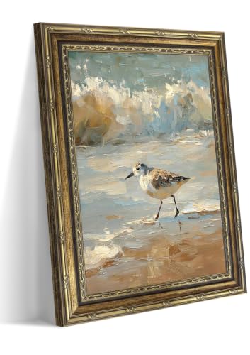 Vintage Gold Framed Wall Art, Coastal Wall Decor Painting, Seascape Beach Bird Poster Picture, Seaside Ocean Waves Sandpiper Still Life Painting for Beach House Living Room Bedroom 16x24in - color: Coastal Sandpiper Bird, size: 24"L x 16"W
